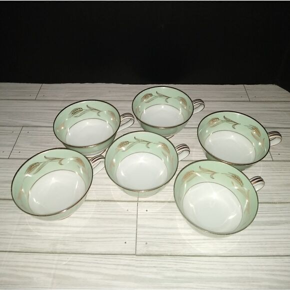 Noritake China 5267 Alice Tea Cups Set Of 6 Wide Green Border Gold Wheat Print - Picture 3 of 9